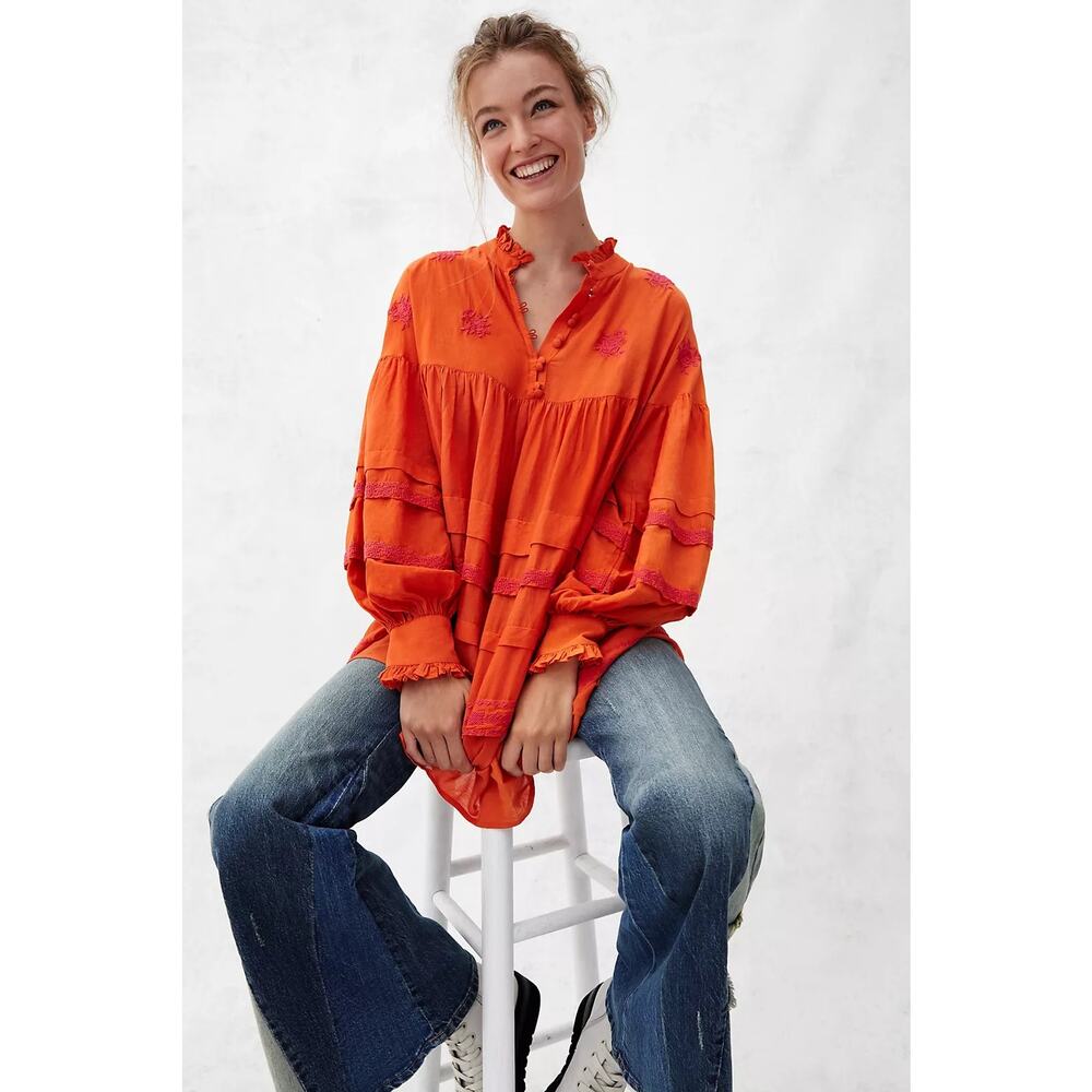 Anthropologie Jacqueline Embroidered Button Down Tunic Orange Sheer S Oversized